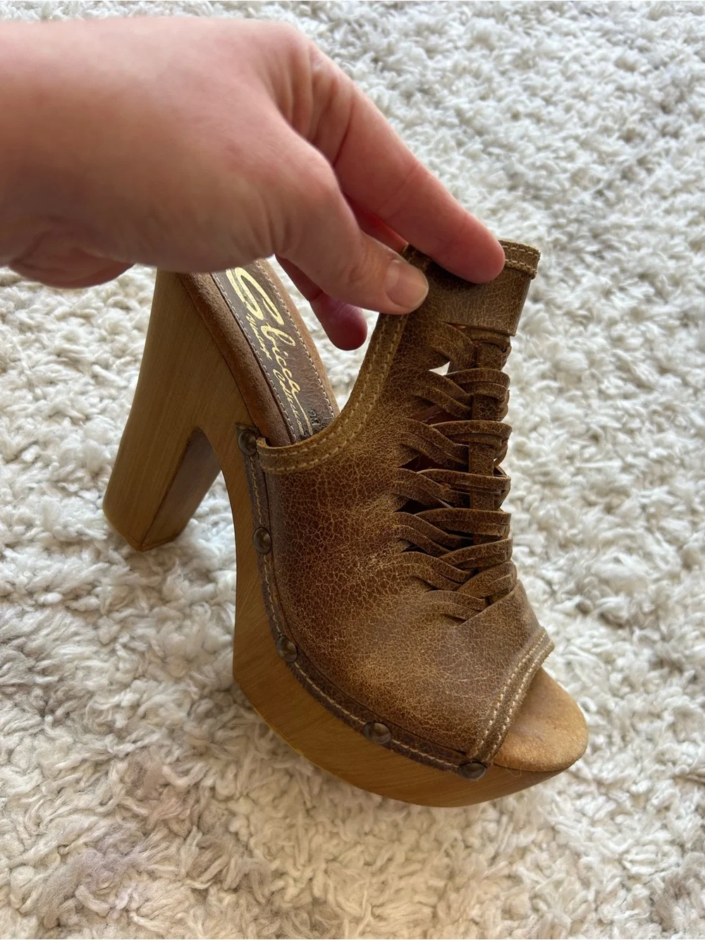 Sbicca Tan Brown Leather Woven Platform Clogs